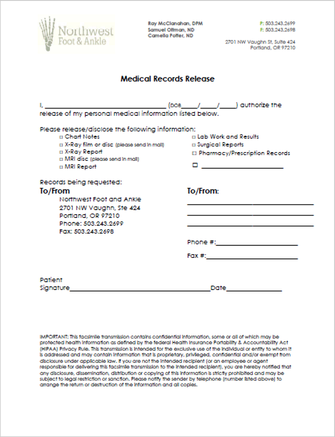 NWFA Medical Release Form